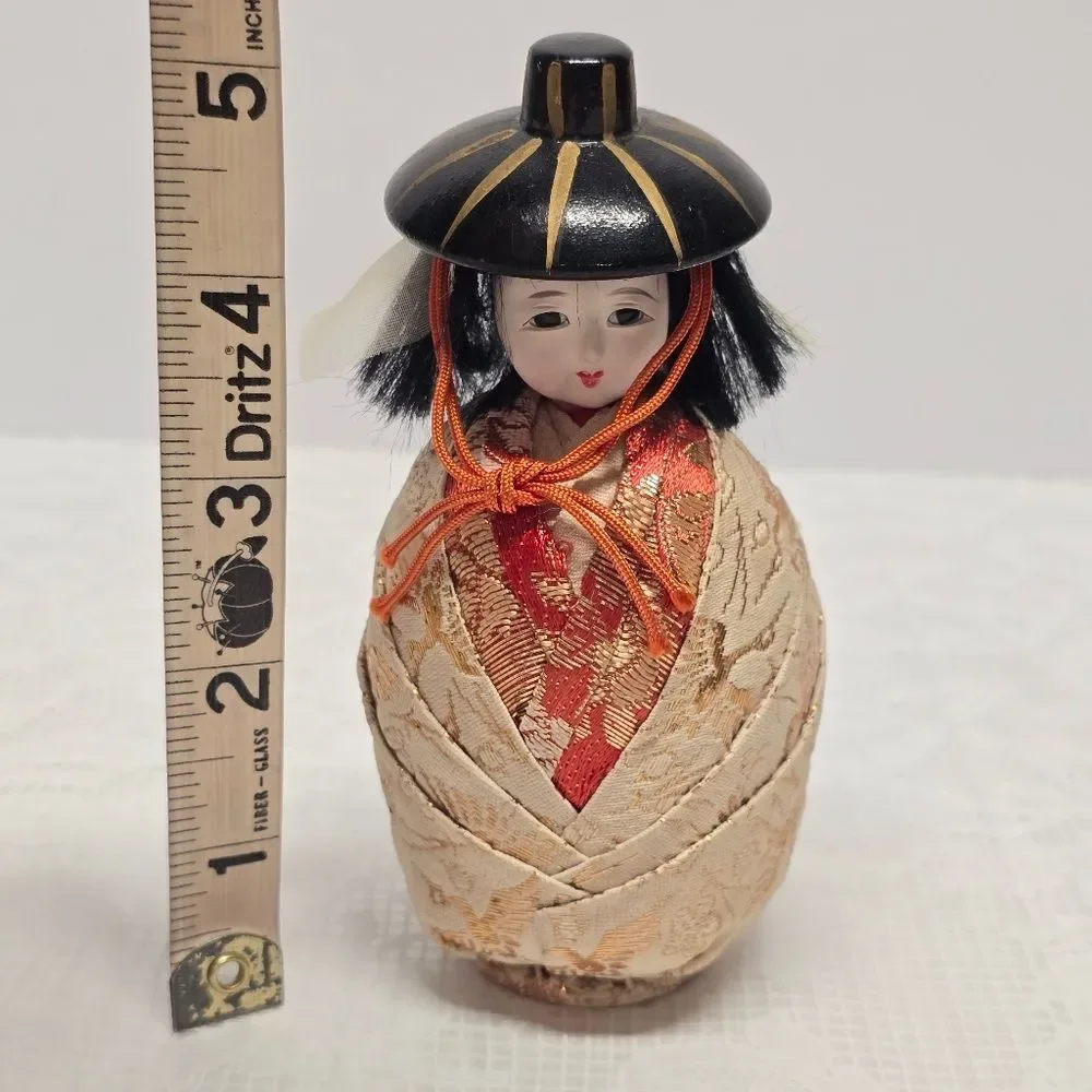 Vintage Japanese Hime Daruma Doll In Kimono Oriental Art Deco Folk Art Figurine